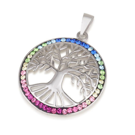 Large Tree of Life Necklace – 925 Sterling Silver Rhodium – 3 Zircon Colors – 21 mm Round Pendant