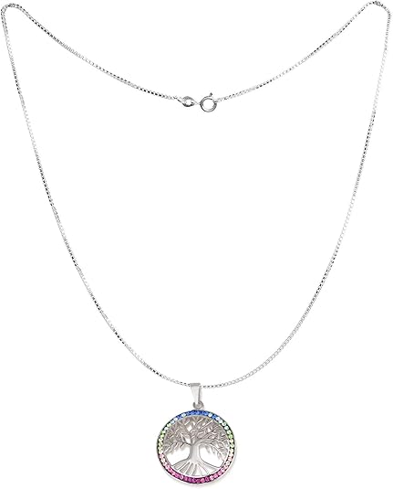 Large Tree of Life Necklace – 925 Sterling Silver Rhodium – 3 Zircon Colors – 21 mm Round Pendant