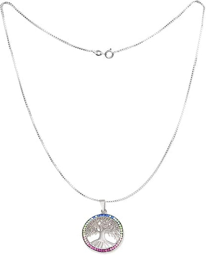 Large Tree of Life Necklace – 925 Sterling Silver Rhodium – 3 Zircon Colors – 21 mm Round Pendant