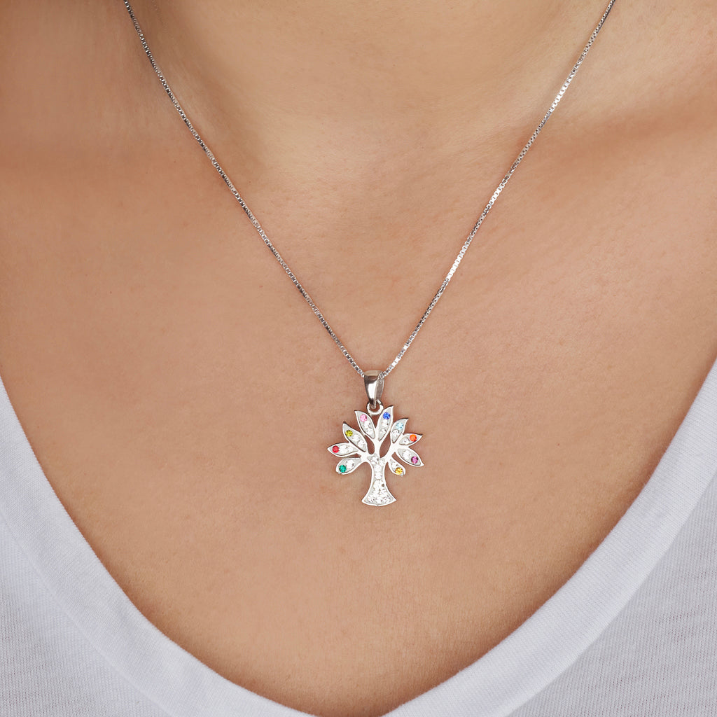 Tree of Life Necklace – 925 Sterling Silver Rhodium with Zircon – 4 Color Options