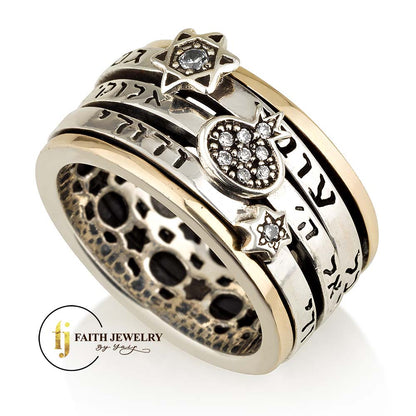 Triple Hebrew Blessing Spinner Ring – 925 Sterling Silver & 9K Gold