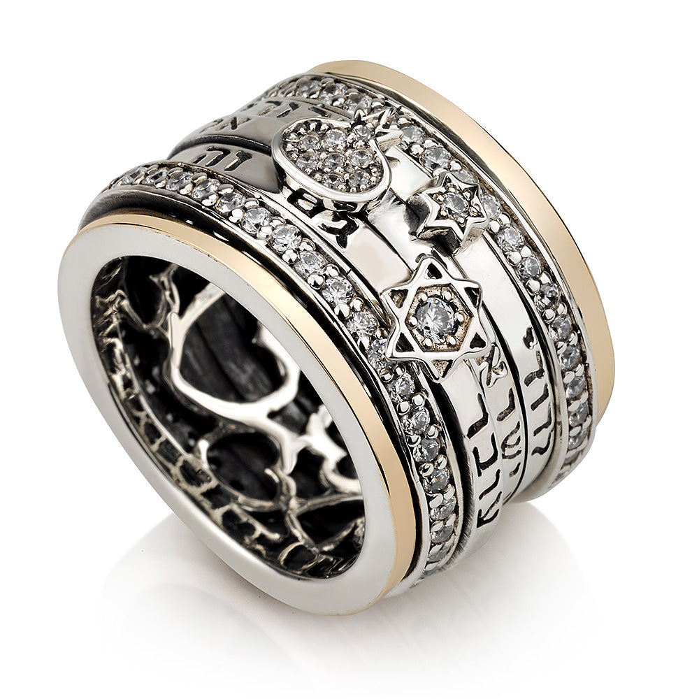 Wide Triple Blessing Spinner Ring – 925 Sterling Silver & 9K Gold – Heart Cut Interior