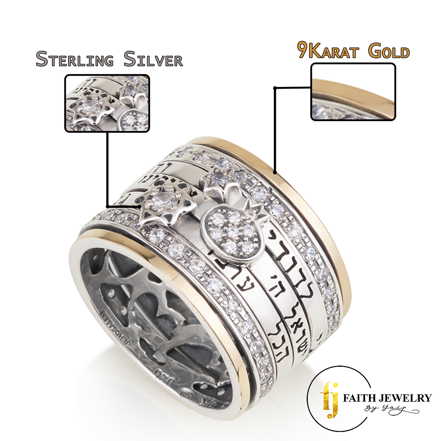 Wide Triple Blessing Spinner Ring – 925 Sterling Silver & 9K Gold – Heart Cut Interior