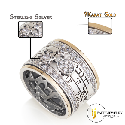 Wide Triple Blessing Spinner Ring – 925 Sterling Silver & 9K Gold – Heart Cut Interior