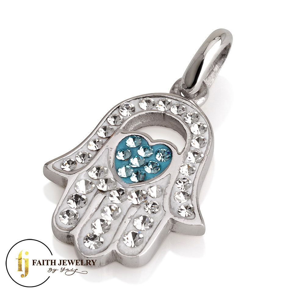 Colorful Hamsa Pendant with Heart – 925 Sterling Silver – Multiple Crystal Styles