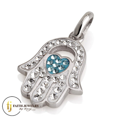 Colorful Hamsa Pendant with Heart – 925 Sterling Silver – Multiple Crystal Styles