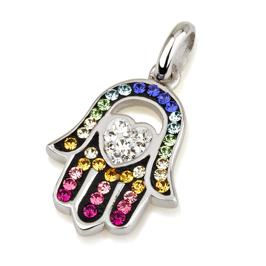 Colorful Hamsa Pendant with Heart – 925 Sterling Silver – Multiple Crystal Styles