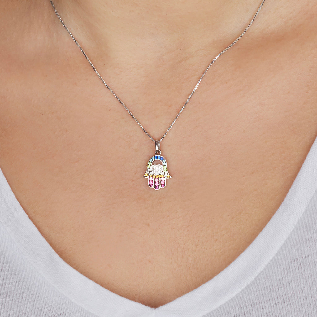 Colorful Hamsa Pendant with Heart – 925 Sterling Silver – Multiple Crystal Styles