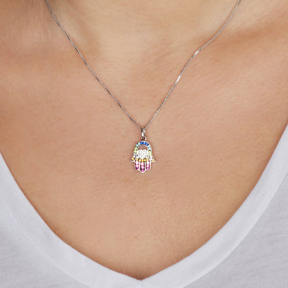 Colorful Hamsa Pendant with Heart – 925 Sterling Silver – Multiple Crystal Styles
