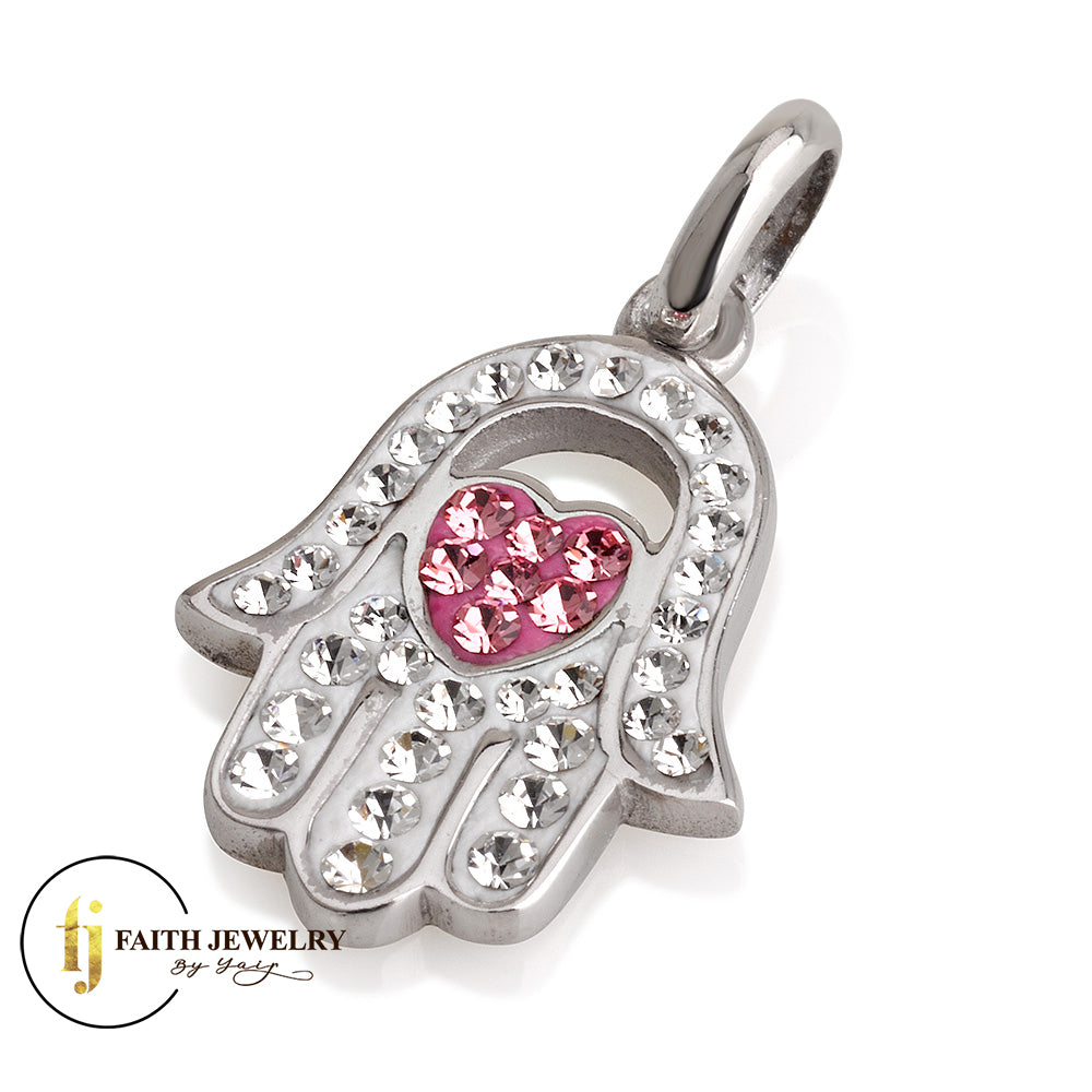 Colorful Hamsa Pendant with Heart – 925 Sterling Silver – Multiple Crystal Styles