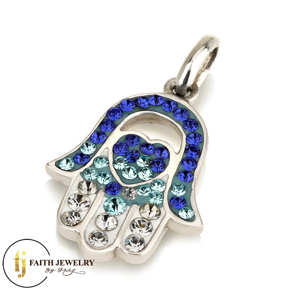 Colorful Hamsa Pendant with Heart – 925 Sterling Silver – Multiple Crystal Styles