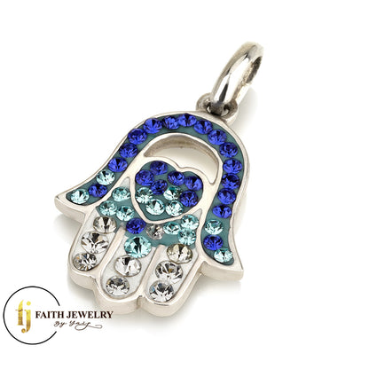 Colorful Hamsa Pendant with Heart – 925 Sterling Silver – Multiple Crystal Styles