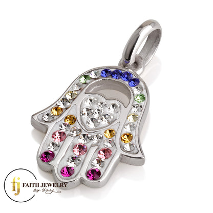 Colorful Hamsa Pendant with Heart – 925 Sterling Silver – Multiple Crystal Styles