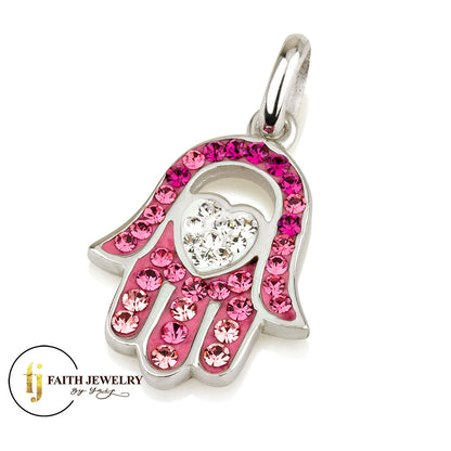 Colorful Hamsa Pendant with Heart – 925 Sterling Silver – Multiple Crystal Styles