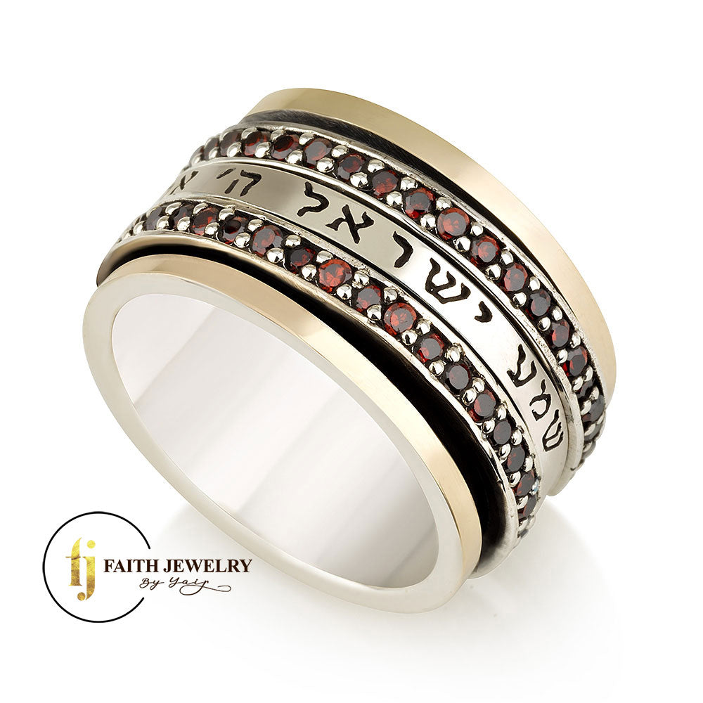 Shema Yisrael Spinner Ring – Garnet Cubic Zirconia – 925 Sterling Silver & 9K Gold