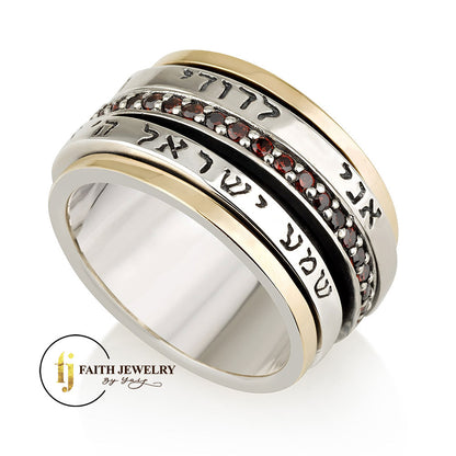 Blessing Spinner Ring – “I Am My Beloved’s” & “Hear O Israel” – 925 Silver, 9K Gold & Garnet Stones