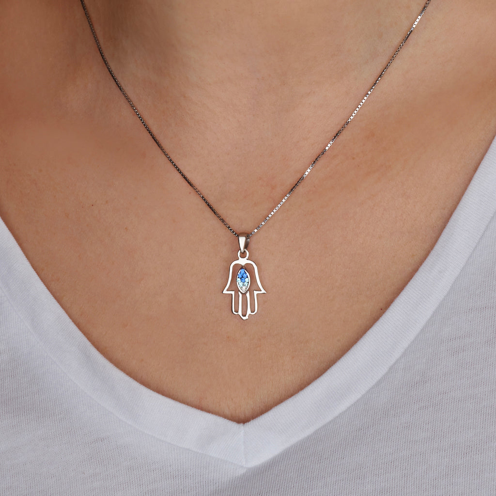 Small Hamsa Necklace – 925 Sterling Silver Rhodium with Zircon – 4 Color Options