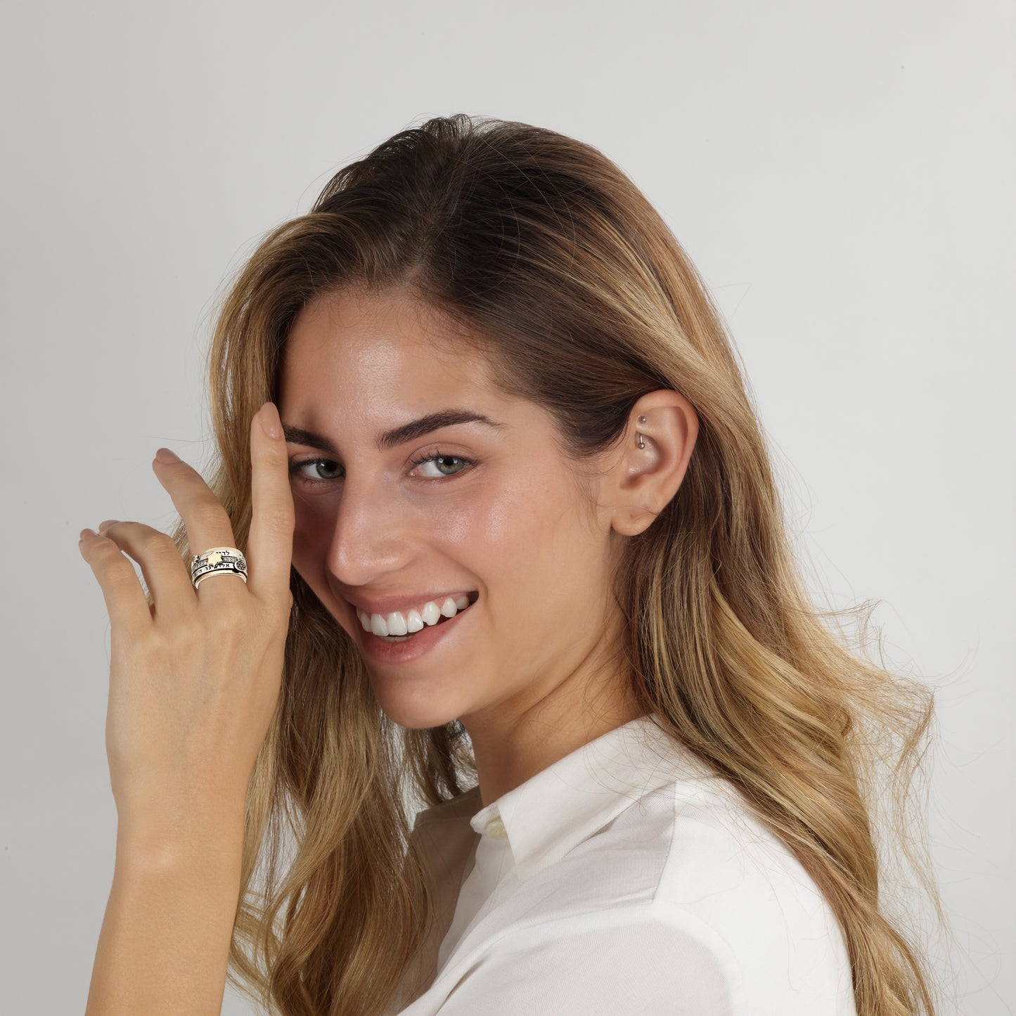 925 Sterling Silver & 9K Gold Spinning Ring with Hebrew Blessings "Ani Ledodi" "Shema Yisrael"
