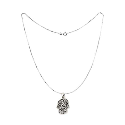 A silver-toned chain necklace featuring a detailed Hamsa hand pendant with intricate cutout patterns, displayed against a solid white background.