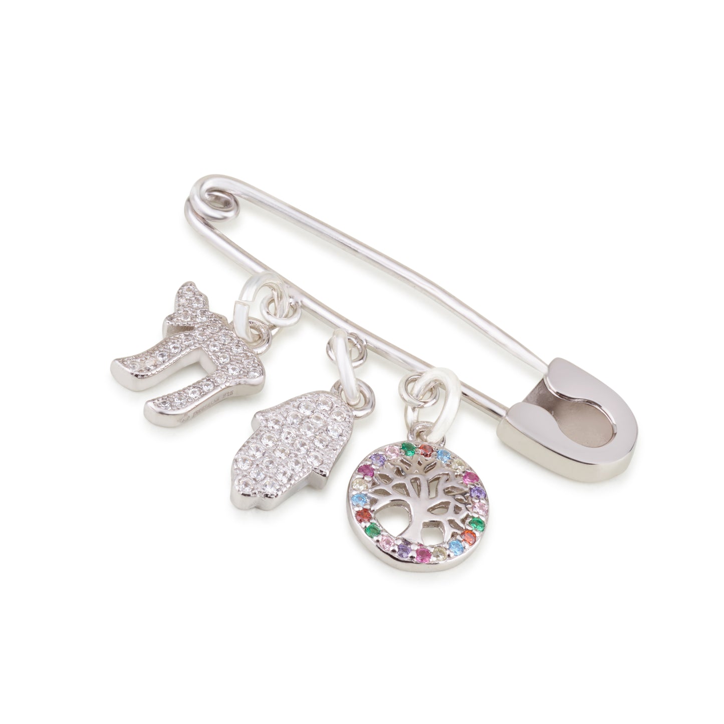 Spiritual baby Safety Pin with Charms – 925 Sterling Silver – 3 Unique Designs – 1.3"