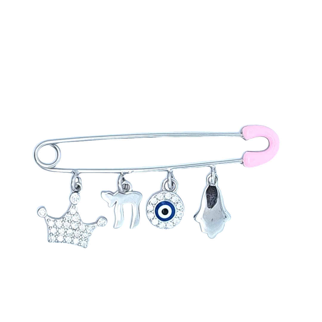 Pink Safety Pin with Charms – 925 Sterling Silver – 2" for Stroller or Blanket (2 Designs)