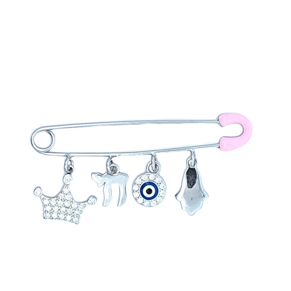 Pink Safety Pin with Charms – 925 Sterling Silver – 2" for Stroller or Blanket (2 Designs)