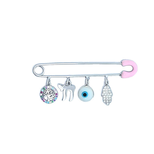 Pink Safety Pin with Charms – 925 Sterling Silver – 2" for Stroller or Blanket (2 Designs)