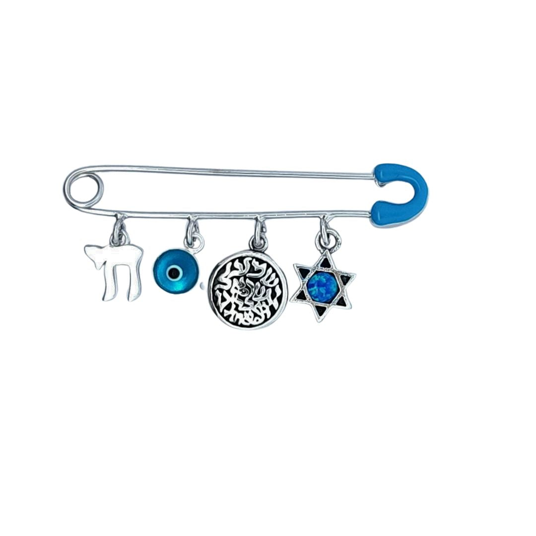 Blue Safety Pin with Charms – 925 Sterling Silver – 2" for Stroller or Blanket