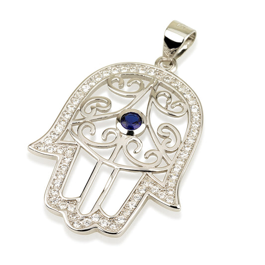 Filigree Hamsa Pendant – 925 Sterling Silver Rhodium Plated with Zircon