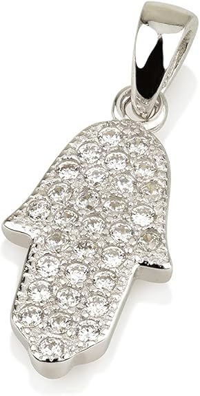 Small Hamsa Pendant Necklace in 925 Sterling Silver with Zircon Stones