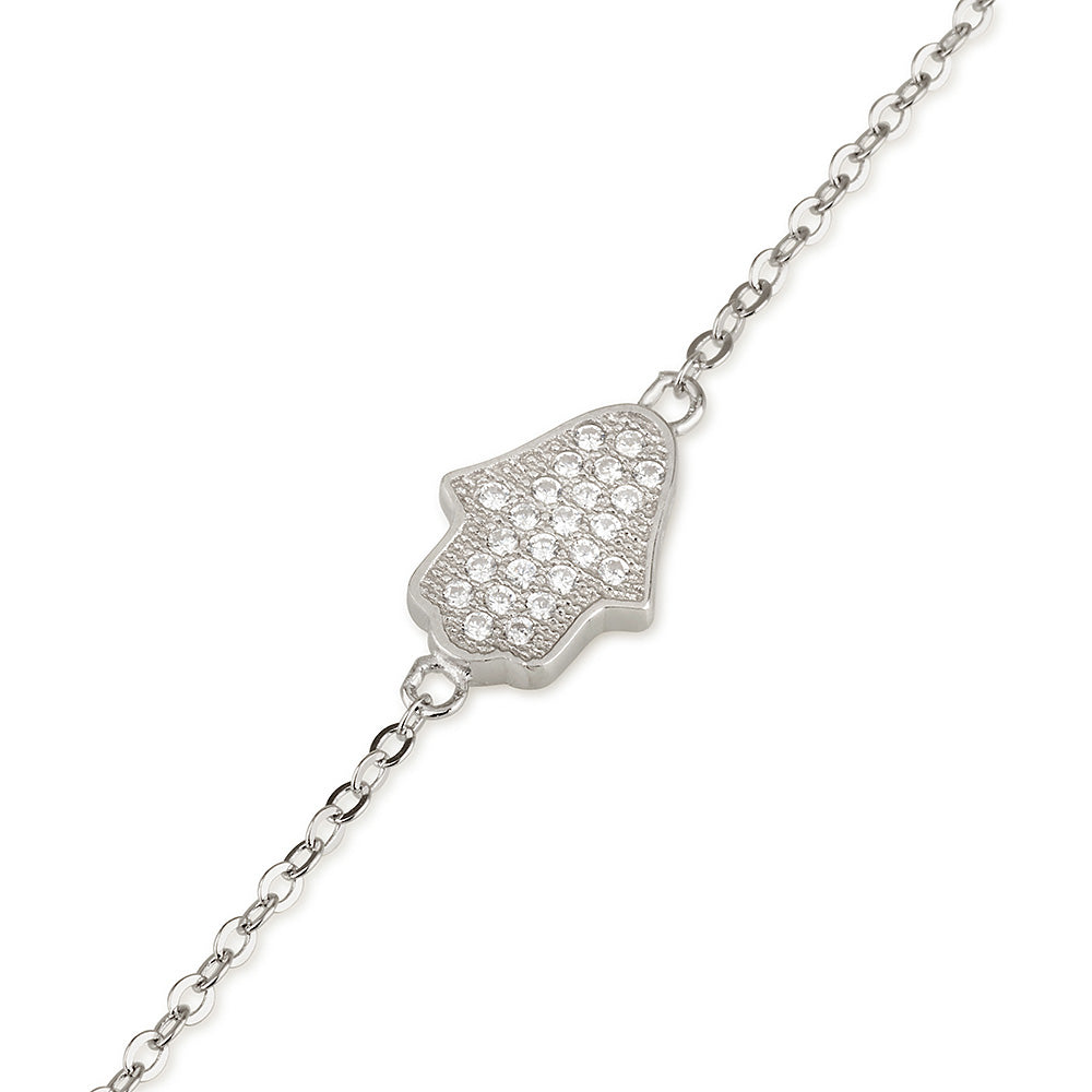 925 Sterling Silver Hamsa Bracelet with Zircon Stones – Dainty Evil Eye Protection Jewelry