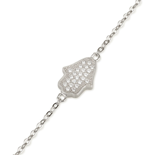 925 Sterling Silver Hamsa Bracelet with Zircon Stones – Dainty Evil Eye Protection Jewelry