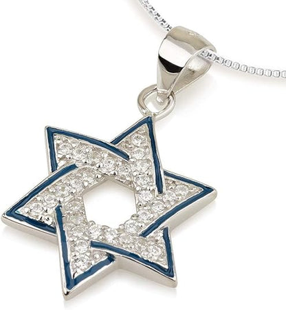 Sterling Silver Star of David Necklace with Blue Enamel and CZ