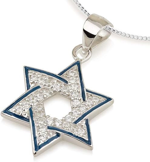 Sterling Silver Star of David Necklace with Blue Enamel and CZ