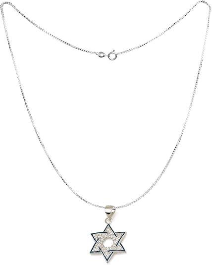 Sterling Silver Star of David Necklace with Blue Enamel and CZ