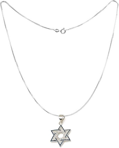 Sterling Silver Star of David Necklace with Blue Enamel and CZ